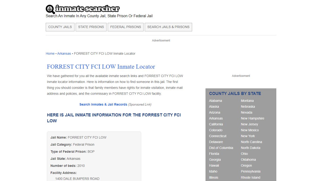 FORREST CITY FCI LOW Inmate Locator - Inmate Searcher